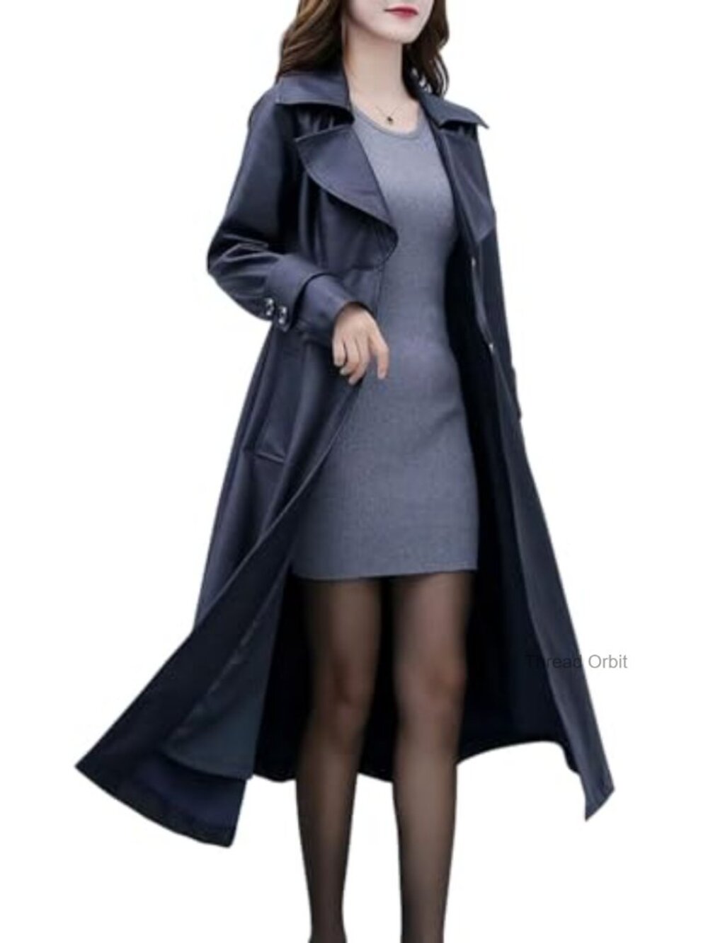 Women's Faux Leather Lapel Collar 2 Button Fit Flare Long Trench Coat